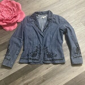 COLDWATER CREEK Sz M Blue Denim Embroidered Blazer Jean Jacket Western Cowgirl